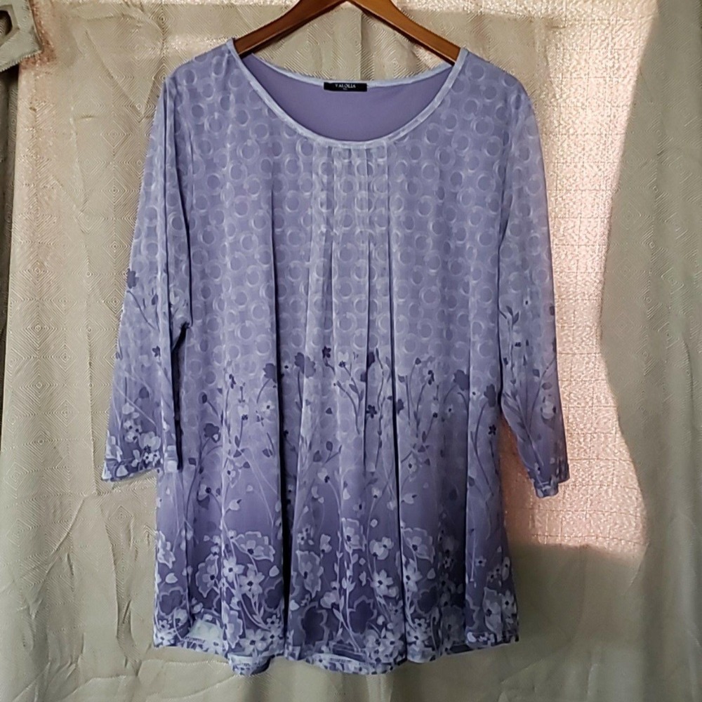 VALOLIA Blouse Womens Plus 3XL Purple Scoop Neck 3/4 Sleeve Floral Tunic Top
